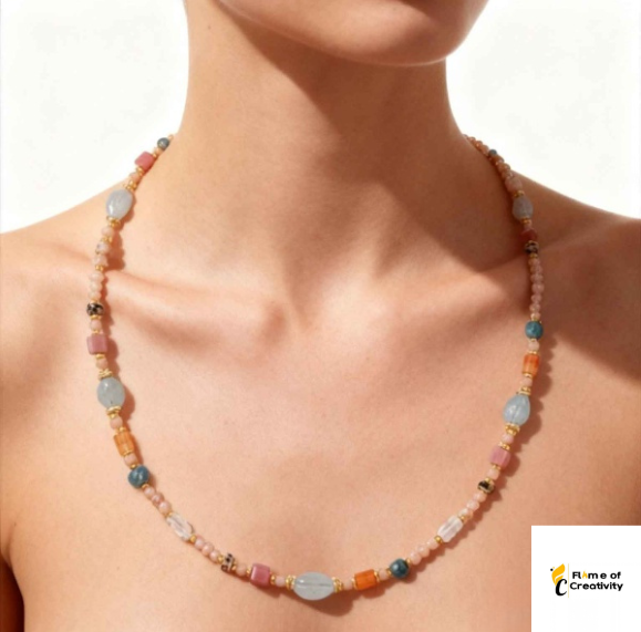 Natural Aquamarine, Rhodonite & Apatite Beaded Necklace, Colorful Gemstone Necklace, Handmade Style Jewelry, Gift for Her