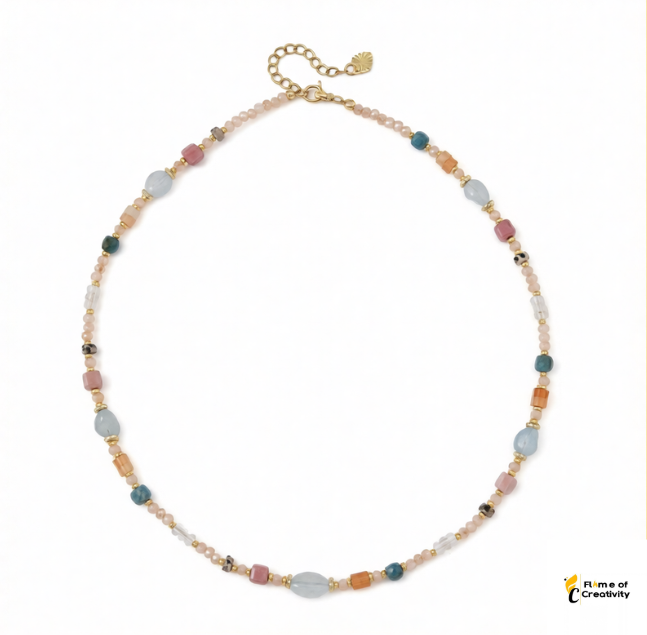 Natural Aquamarine, Rhodonite & Apatite Beaded Necklace, Colorful Gemstone Necklace, Handmade Style Jewelry, Gift for Her