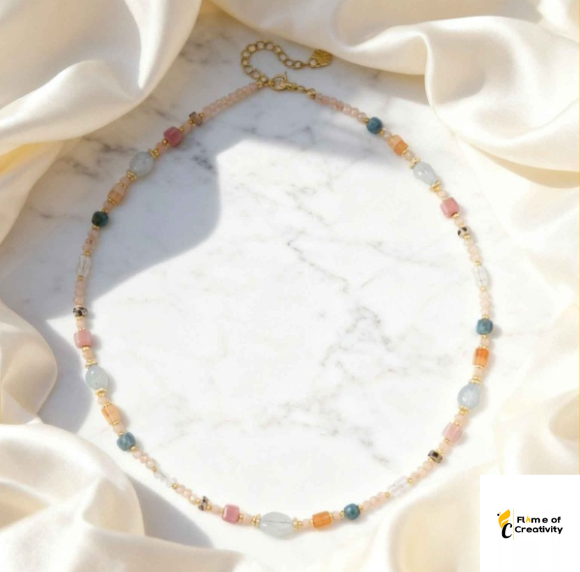 Natural Aquamarine, Rhodonite & Apatite Beaded Necklace, Colorful Gemstone Necklace, Handmade Style Jewelry, Gift for Her